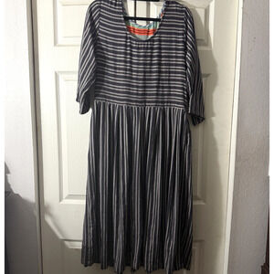 ace & jig Natural Navy Woven Drop Waist Dress Striped Sz Small Pockets Cottage